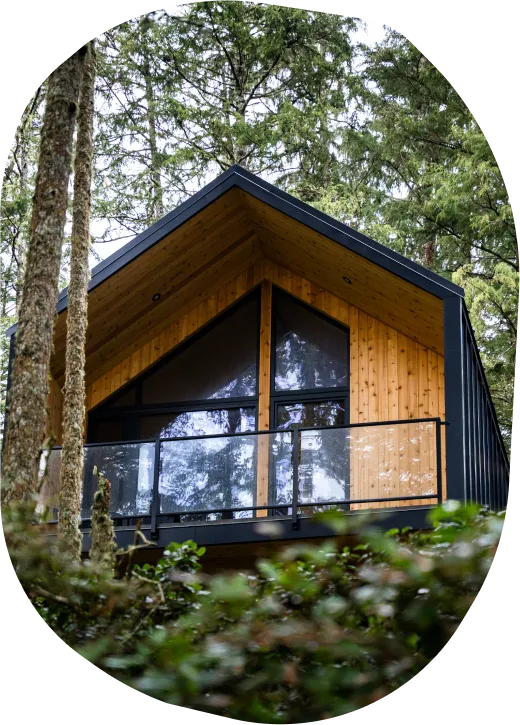 A modern cabin in the woods with a large window and a porch
